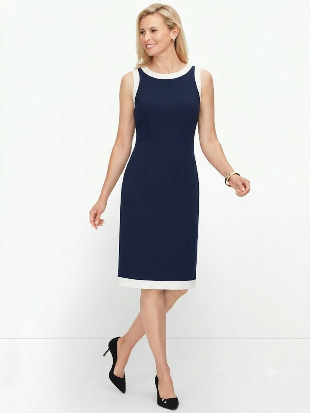 Talbots Navy Blue White Italian Luxe Knit Sheath Dress Size 8 Business Career